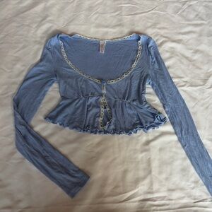 Self-Portrait Light Blue Long Sleeve Top with Lace Trim